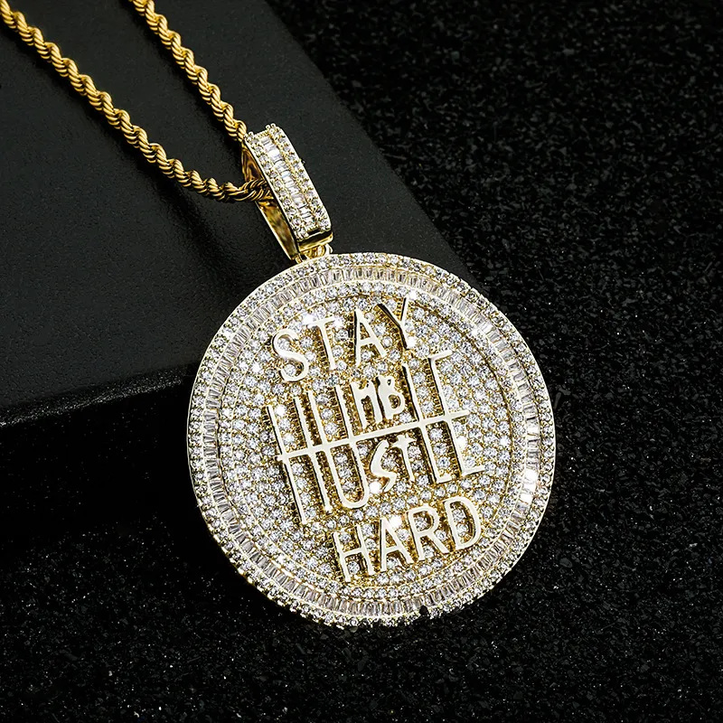 Iced Out Round Pendant Necklace Letter Saty Hard Gold Silver Plated Mens Hip Hop Necklaces Jewelry2843