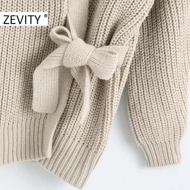 Zevity Women Fashion Cross v Neck Bow Tived Cardigan вязаный свитер леди с длинным рукавом кимоно повседневные свитера шикарные топы S400233