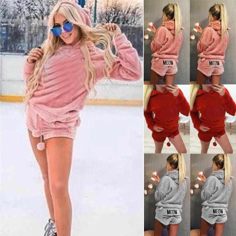 Womens Cat Fleece Fluffy Warm PJS Pyjamas Sleepwear NightWear Set Pajamas Outfit Hooded Sleepwear Cosplay Homewear Y200708