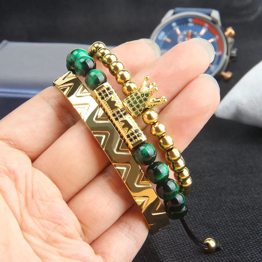 Bracelet de bangel de couronne de pour hommes Bracelet de tressage de couronne Green CZ Fashion Bijoux en acier en acier inoxydable188J
