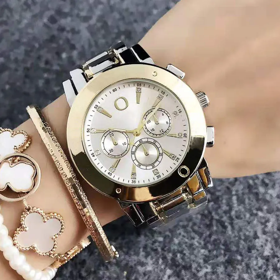 Fashion Wrist Watch for Women Girl Crystal 3 Dials Style Steel Metal Band Quartz Watches P58288E