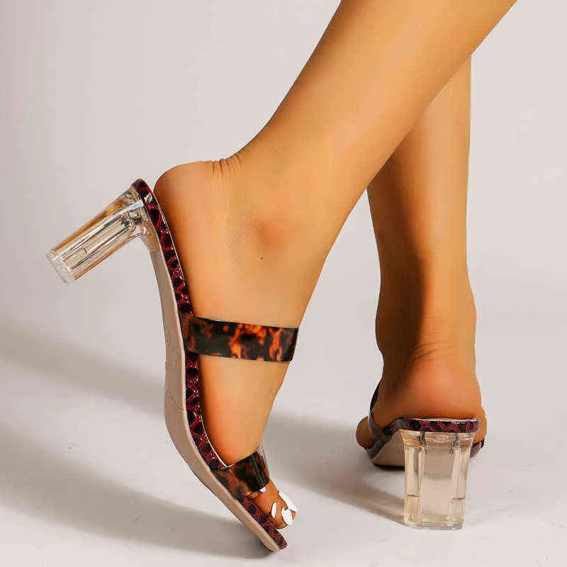 Sandels chaussures pour femmes nouvelles sandales à talons épais bout ouvert avec carré transparent mi-haut et pantoufles Zapatillas Mujer 220303