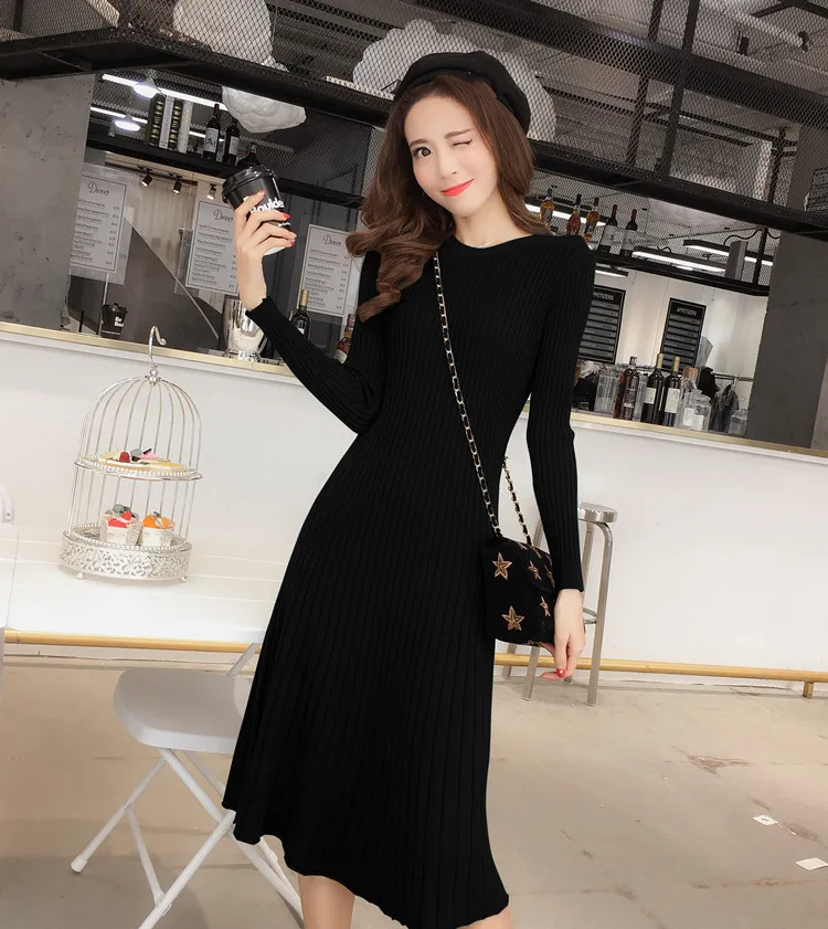 Ins корейский стиль женщины вязание платье 2020 осень зима с длинным рукавом мода тонкие эластичные женщины базовые midi платья d08204k y0118