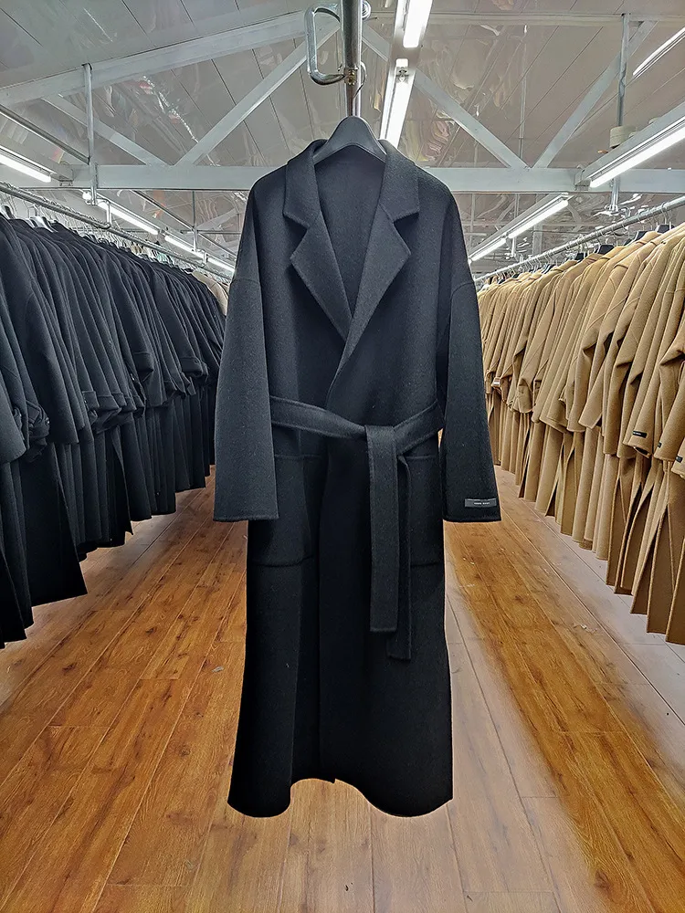 Korea Autumn and Winter Woolen Overcoat Women X-Long Loose Suning Belt Black Grey Double Sided 90% Wool Coat Jacket 201215