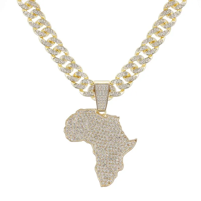 Collier pendentif carte de l'afrique en cristal pour femmes et hommes, accessoires Hip Hop, bijoux, ras du cou, chaîne à maillons cubains, cadeau 188D