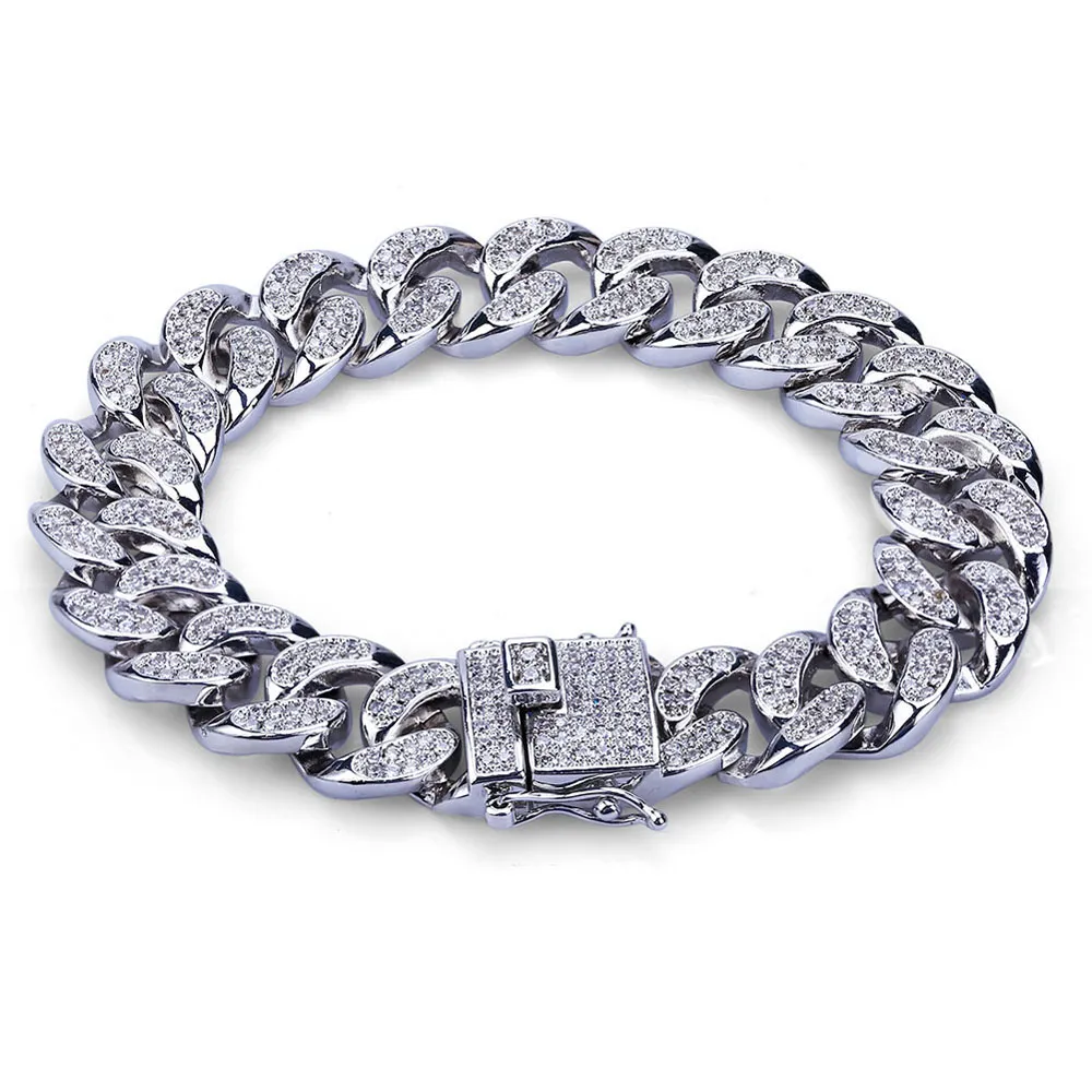 Miedziane mikroinsersy Białe diamenty Miami Cuban Link Bracelets Męskie Hip Hop Bling Iced Out z biżuterią Pudełko 307V