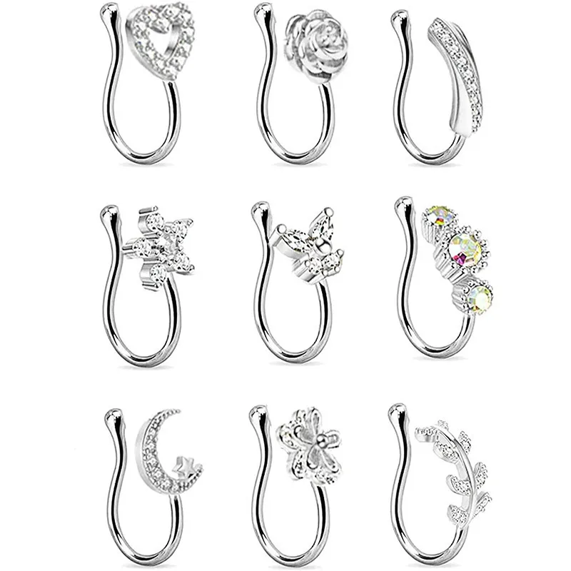 Crystal Butterfly Fake Nose Ring Non Piercing Clip On IndianStyle Heart Cuff Nariz Jewelry 220224