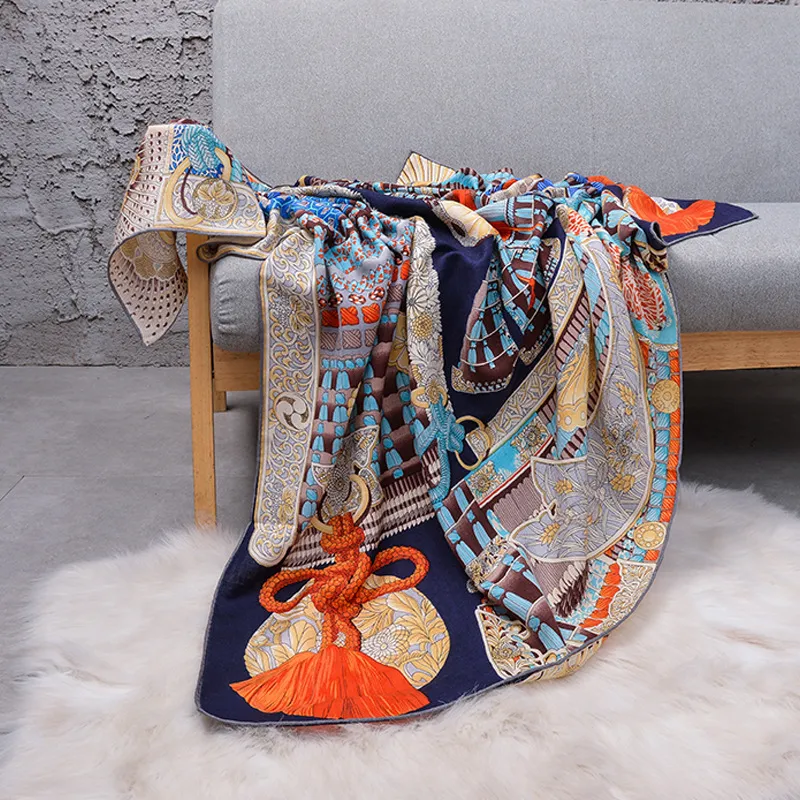 Luxury Silk Scarf For Women Cashmere Hijab Scarfs Kerchief 140 140cm Square Shawls Neckerchief Pannbandssalvor för damer 201216200g