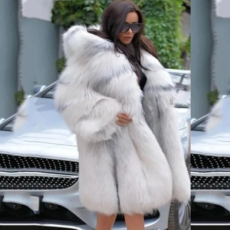 Women Coats Faux Fur Loose Collar Long Coat Fashion Winter Thick Warm Hooded Casual Natural Color Open Stitch Jackets 201110