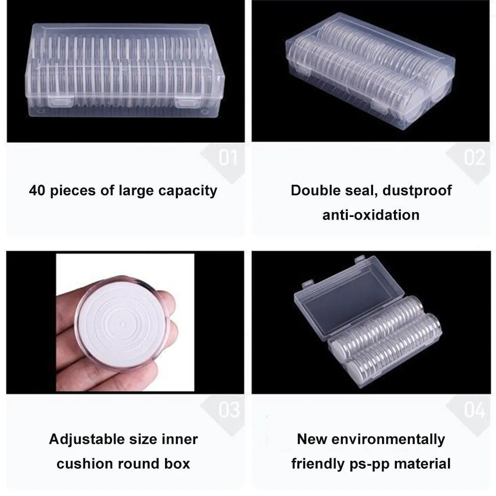 40 cápsulas de moedas 46mm com 40 juntas de espuma e 1 caixa de armazenamento de plástico para coleção de moedas para moedas de 16 20 25 27 30 38 46mm CW C01166865769