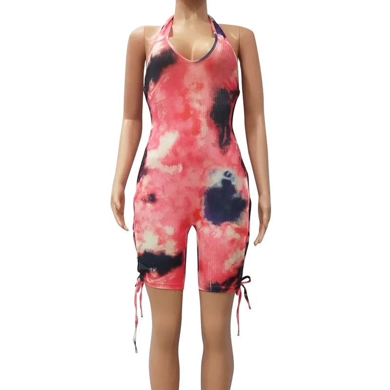 Beyprern New Chic Tie Dye Print Romper Sommar Kvinnor Mode Tillbaka Laced Up Bandage Kort Jumpsuit Macacao Feminino Club Overaller T200704