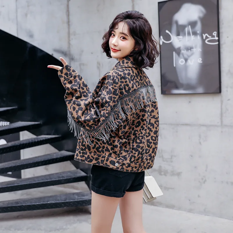 Giacca in denim con frange sul retro con maniche a pipistrello femminile primavera e autunno versione coreana giacca corta da studente leopardo bf sciolta 201112