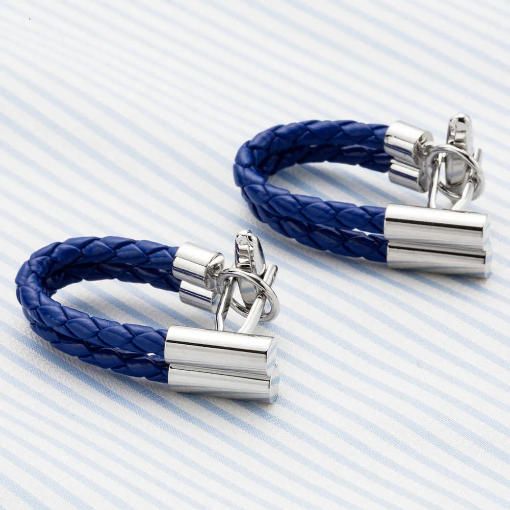 Blue Leather Chain Cufflinks Healthy Cuff Link Weaving Cuffs Button Gemelos Men Jewelry Drop 258p