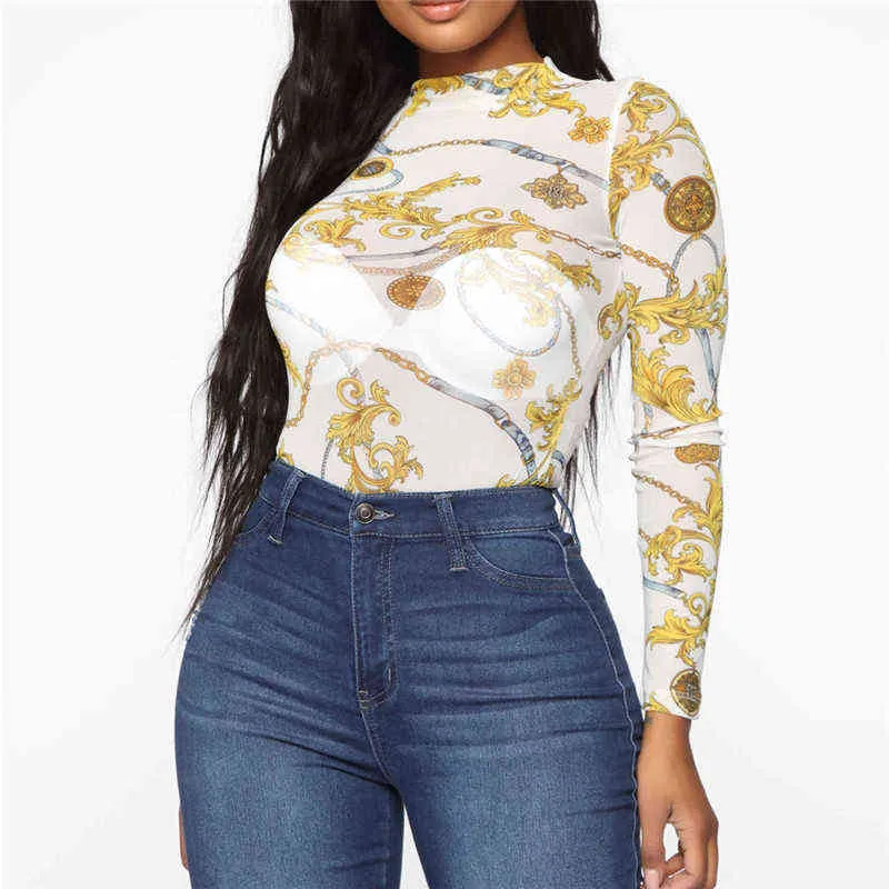 Mujeres Mesh Sheer Ver a través de la impresión Camisa Blusas Outwear Turtleneck Manga larga Tops Transparente Slim Shirt Bodycon Club Blusa H1230