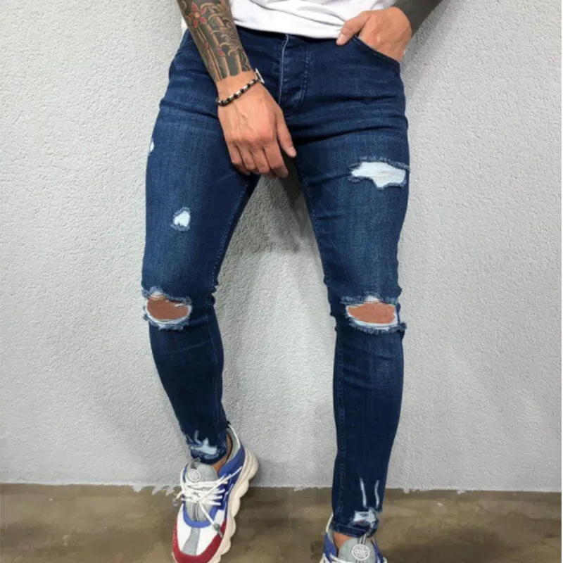 Новый стиль, рваные брюки, облегающие эластичные мужские джинсы, модные повседневные джинсы в стиле хип-хоп F1209297I