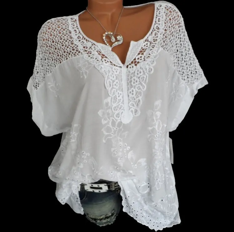 Blusas de mujer de encaje de manga corta sueltas de gran tamaño camisa de verano de algodón Tops moda sexy 220402