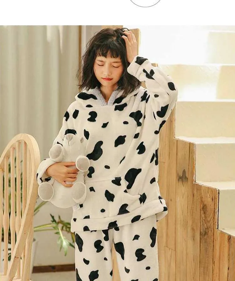 Pijamas quentes para mulheres flanela bonito vaca impressão casa roupas para as mulheres sleepwear conjunto pigiama donna homeear inverno pijama mulheres 201113
