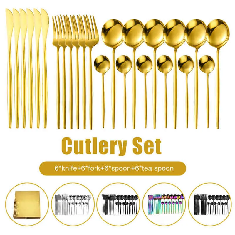 24шт золотые столовые приборы посуда из нержавеющей стали Полный набор нож вилка ложка кухонные утваилы наборы 211229