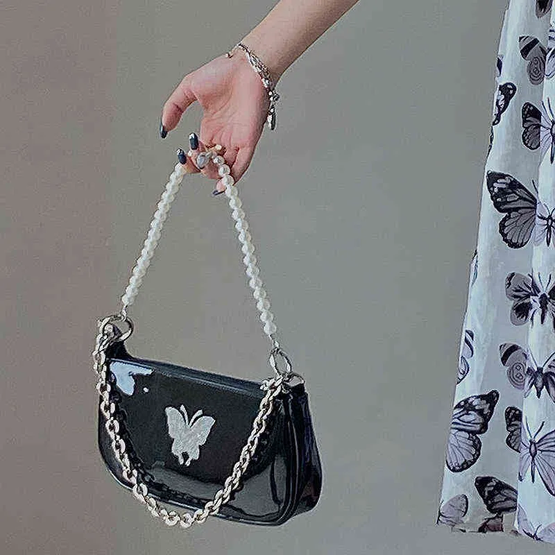 Shopping Bags New women's bag cool girl Butterfly Pearl patent leather armpit Single Shoulder Messenger Bag 220304