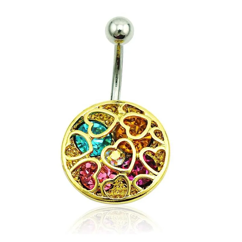 gold plated belly button rings 316l stainless steel pierced multicolor rhinestone heart navel rings hypoallergenic piercing jewelry
