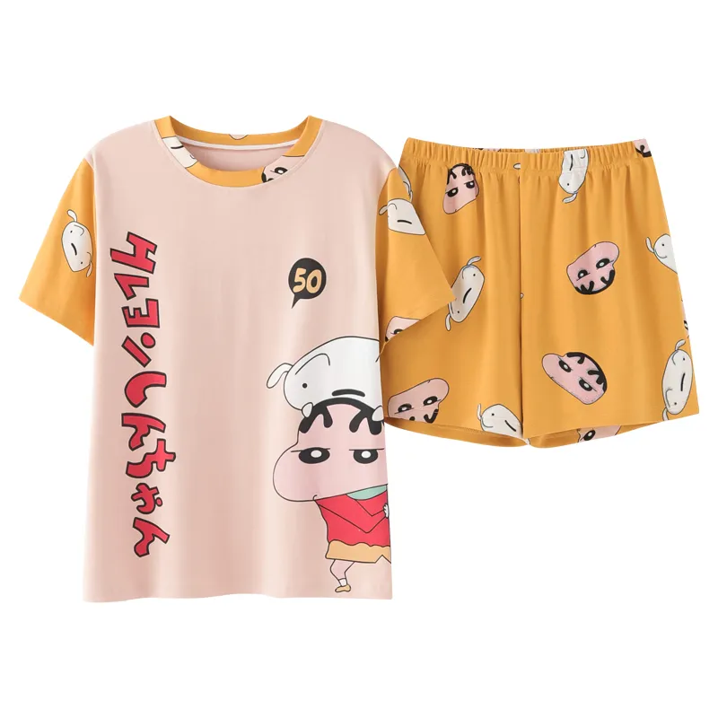 Bzel Cute Crayon Shin-chan 프린트 여름 잠옷 세트 여성을위한 느슨한 캐주얼 Sleepwear T- 셔츠 및 반바지 PJS 큰 크기 홈 슈트 T200701