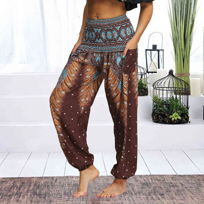 Harem calças senhoras mulheres casuais verão calças soltas feminino baggy boho aladdin impressão casual moda ioga calças 2021 h1221