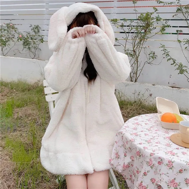 2021 Höst vintermodeller Nya Hoodies Coat Japanska Söt Kanin Öron Lamm Hår Vild Plus Velvet Tjocka Plush Kvinnor Kawaii Kläder Q0116
