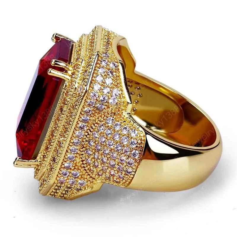 Желто -золотое покрытие с алмазным бриллиантом Big Ruby Ring Men Men Hip Hop Jewelry Bling Cz Stone Hiphop Gold Rings Mens Wedding Jewelly254h