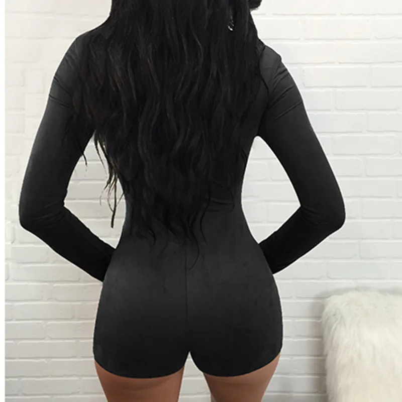 Sexy Lace Up Body Mujeres Slim Fit Deep V Neck Playsuit Manga larga Bodycon Rompers High Street Short Jumpsuit Casual Overoles T200704