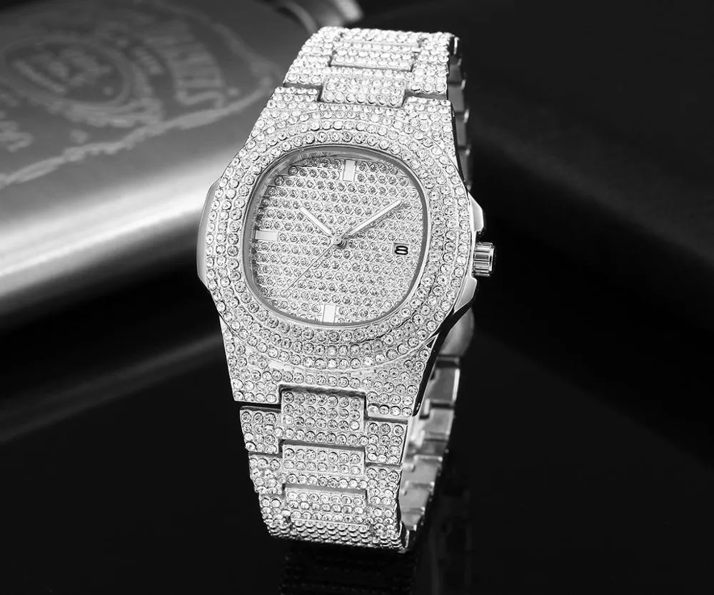 Mode glacé montre hommes diamant acier Hip Hop hommes montres haut de gamme luxe or horloge reloj hombre relogio masculino 210407319t