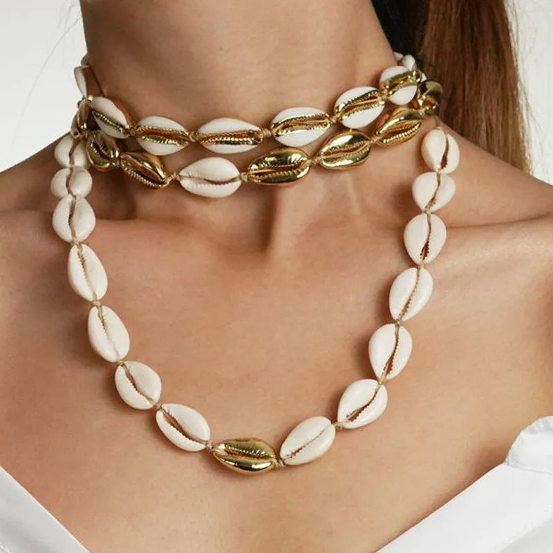 Fashion Puka Gold Cowrie Sea Shell Choker Necklace for Women Girl Set Bohemian Seashell Beach Summer Rope Jewelry Gift252C