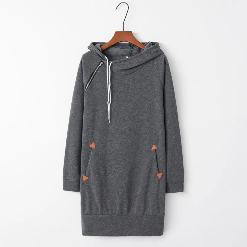 Long Hoodie Solid Sweatshirt Pocket Cord Tunic Women Dress Drawstring Sleeve Zipper Casual Wear Spring and Autumn 220217