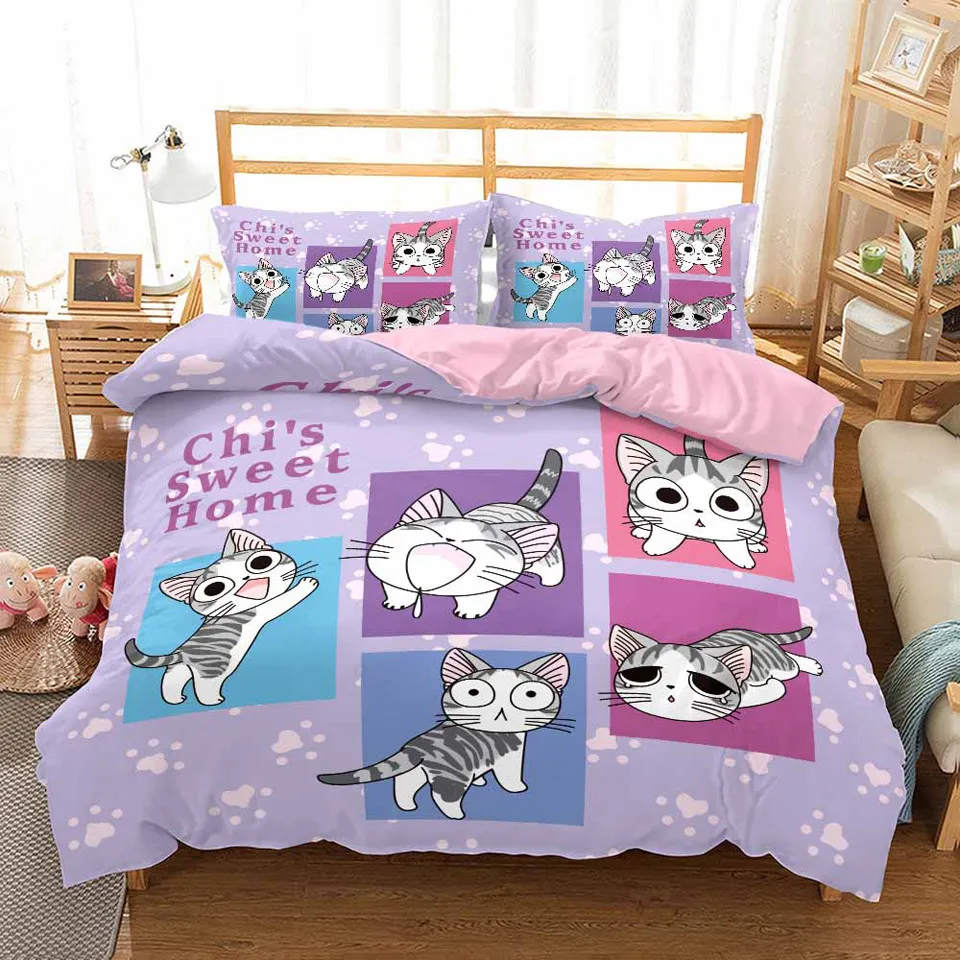 3D -tecknad sängkläder uppsättning för barn barn anime linne säng täckning set katt tryck täcke täckt flickor pojke singel design ingen säng ark 2018688275