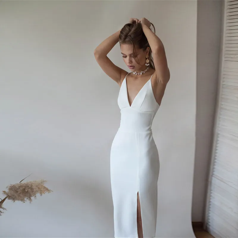 Sexy Backless White Party Dress para Mulheres Spaghetti Strap High Split Slim Bainha Primavera 220210