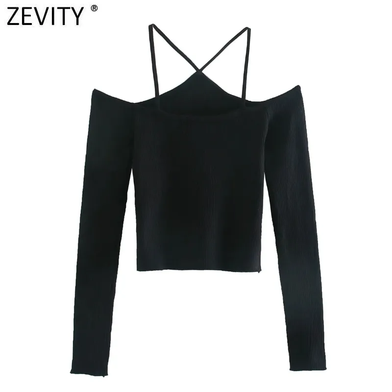 Zevity Women Sexy Off Shoulder Cross Strap Black Knitting Sweater Chic Female Long Sleeve Hollow Out Slim Pullover Tops S489 201221