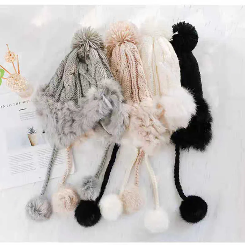 الأرنب الفراء محبوك قبعة الروسية الدافئة الأذن اللوحات الشتاء المهاجم المرأة الصياد الثلوج التزلج قبعات 211229