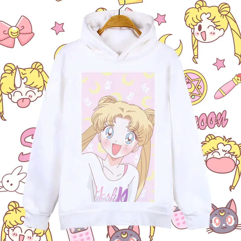 Fashion Sailor Moon Bluzy Kreskówka Kobiety Długie białe nadruk Kawaii Płaszcz Bluza zagęszcza z kapturem harajuku rękawa pullover luźna m3447157