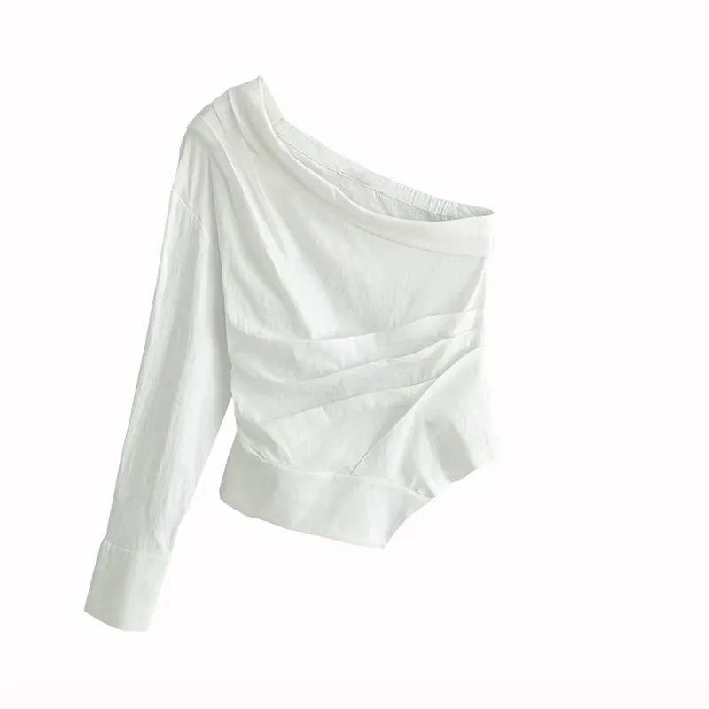 Traf kvinnor blusar vintage sexig en axel toppar mode oregelbundna krage veckade snygga vita skjortor blusas mujer 220307