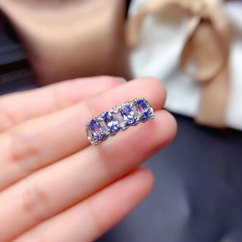 Natural Tanzanite Ring S925 Sterling Silver Lady White Gold Jewelry Natural Gemstone Jewelry, Simple Row Ring Lady's Jewelry J0112