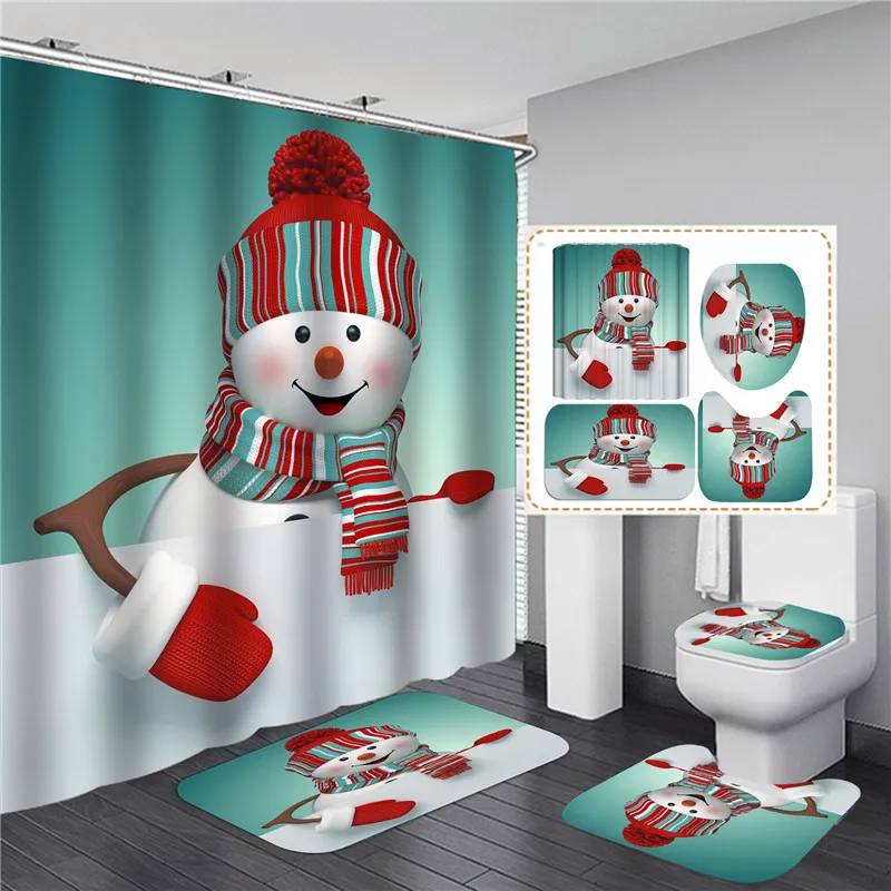 Weißer Schneemann bedruckter Duschvorhang Set Weihnachtsdekor Home Festival Rutschfeste Toilettensitzdeckelabdeckung Badematte mit Haken Home 201128