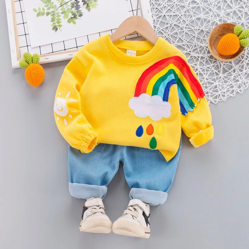 Toddler Boy Roupos Cotton Girls Rainbow Oneck Top Jeans Costume Casual Longsleeve para Baby Spring Denim Outfit1162676