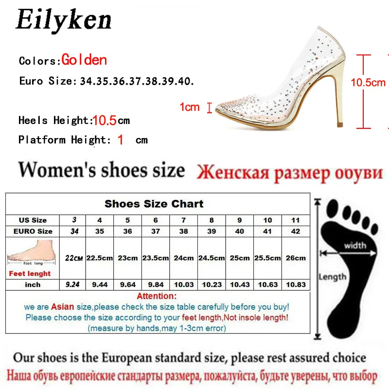 Eilyken moda strass pvc bombas transparentes stilettos salto alto ponto dedos das mulheres festa de casamento dourado sapatos de salto alto 220218