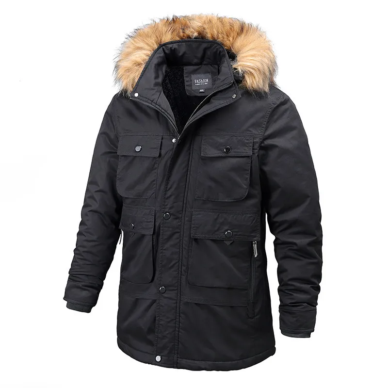 Giacca invernale da uomo Parka da esterno Cappotto plus size Collo di pelliccia Cappotto caldo con molte tasche Giacca da lavoro sportiva da esterno Uomo foderato in pelliccia 201114