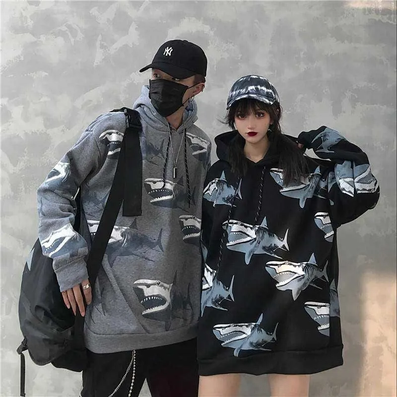 NiceMix Femme hiver mode ins requin imprimé Harajuku lâche décontracté plus velours rétro hip hop veste veste à capuche swea 201113