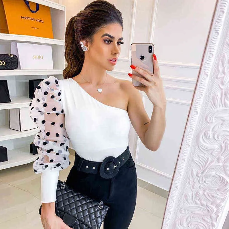 hirigin New Women One Shoulder Blouse Sexy Dots Puff Sleeve Shirts Spring Summer Office Lady Skew Collar Tops Slim Blouse H1230