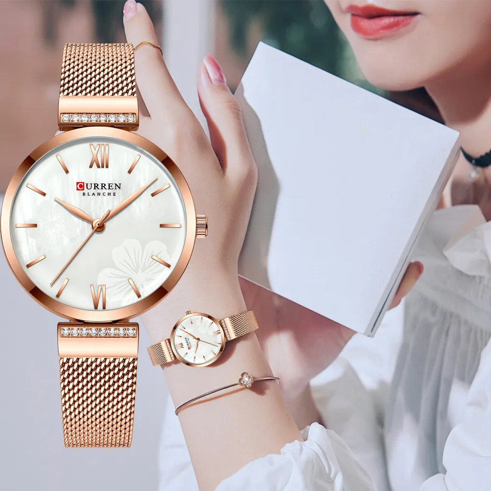 カレンは女性のシンプルなファッションクォーツウォッチレディース腕時計チャームブレスレットステンレス鋼クロックレリギオフェミニノ2177c