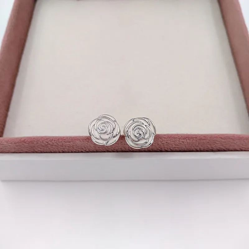 Hot Designer Biżuteria Autentyczne 925 Sterling Silver Róża Ogród Z Różowym Emalcem Stud Kolczyk Pandora Kolczyki Luksusowe Kobiety Walentynki Prezent Urodzinowy Ślub