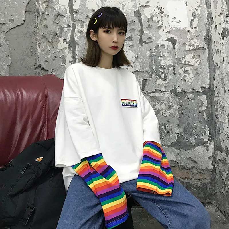 NELLOE Корейский Harajuku Patchwork T Футболки поддельных двух частей Радуга полосатый с длинным рукавом повседневная футболка на шеи женские топ-тройники 55252 201028