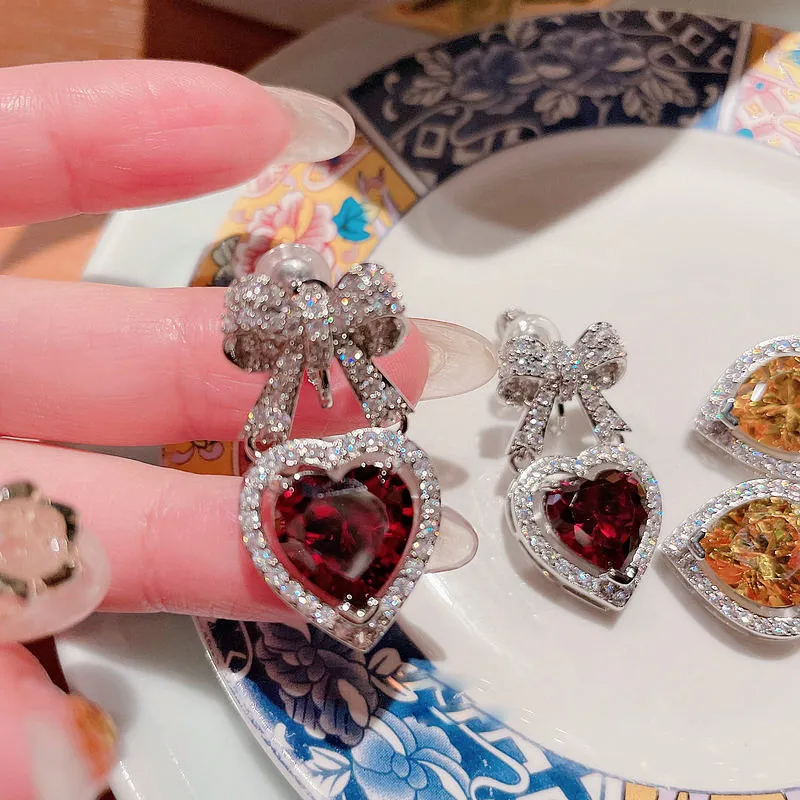 Heart Ruby Bowknot Clip-on & Screw Back Earrings AAA Pink Zircon Ear Studs Diamonds Pave Jewelries2595
