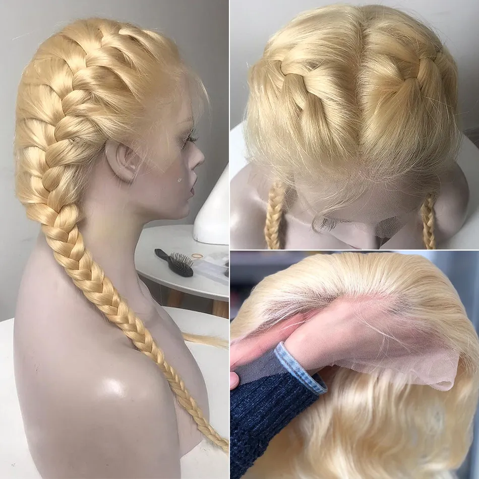 28 30 pouces droite 613 blonde dentelle avant perruques de cheveux humains Remy transparent sans colle fermeture frontale perruque pré plumée bébé cheveux 2108886